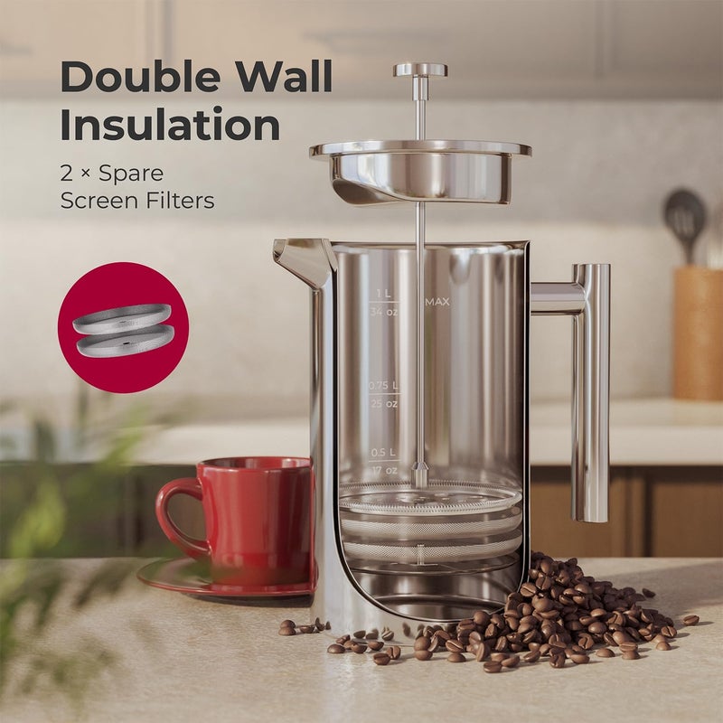 MuellerLiving French Press Coffee Maker 34oz, Stainless Steel French Press Coffee, 4 Filter Heat Resistant Double Insulated, Rust-Free, Food Grade, Dishwasher Safe Coffee Pot - Image 3
